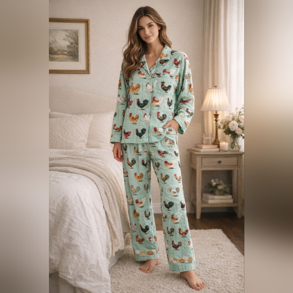 Nick And Nora Green Rooster Print Flannel Pajamas Small